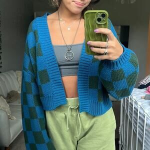 Rebelflow Open Front Cropped Cardigan Sweater size Medium Checkerboard Blue